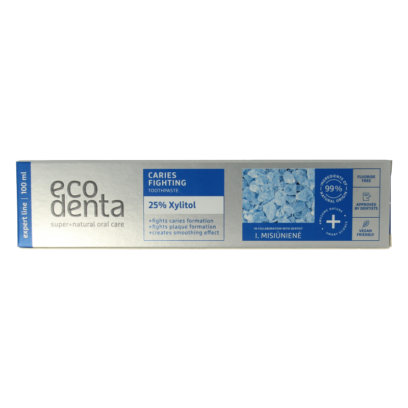 Ecodenta brand caries protection toothpaste in 100ml tube, showing the packaging and product label.