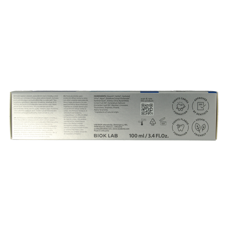Ecodenta anticavity toothpaste in 100ml tube showing fresh mint flavor and dental care ingredients