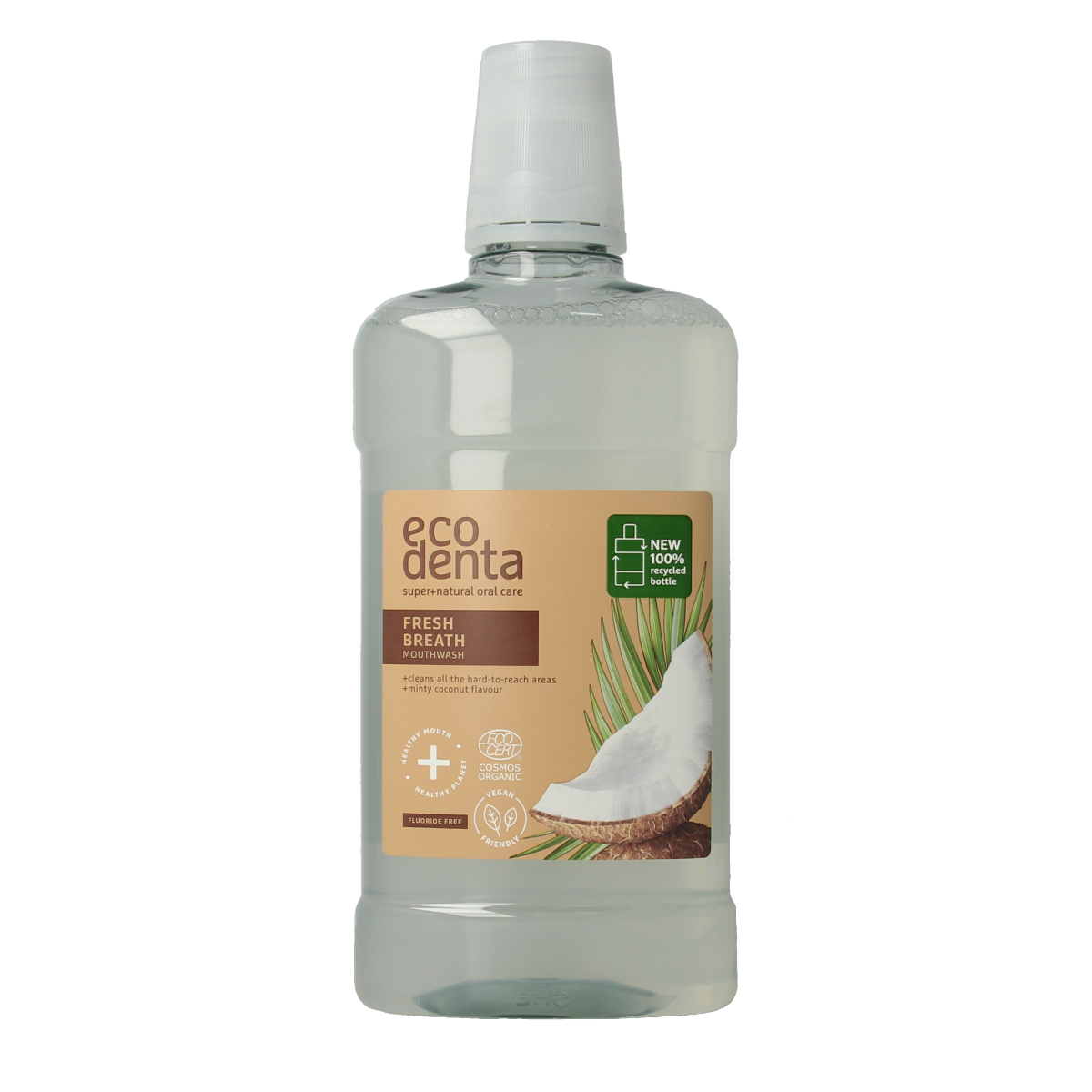 Ecodenta Mondwater munt kokos mouthwash bottle with 500ml capacity for oral hygiene and fresh breath.