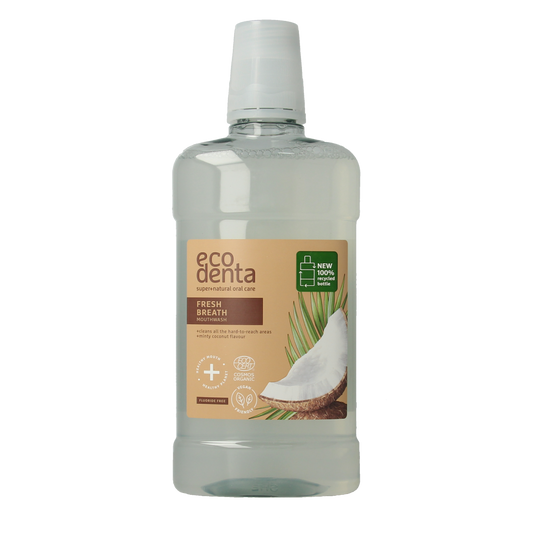 Ecodenta Mondwater munt kokos mouthwash bottle with 500ml capacity for oral hygiene and fresh breath.
