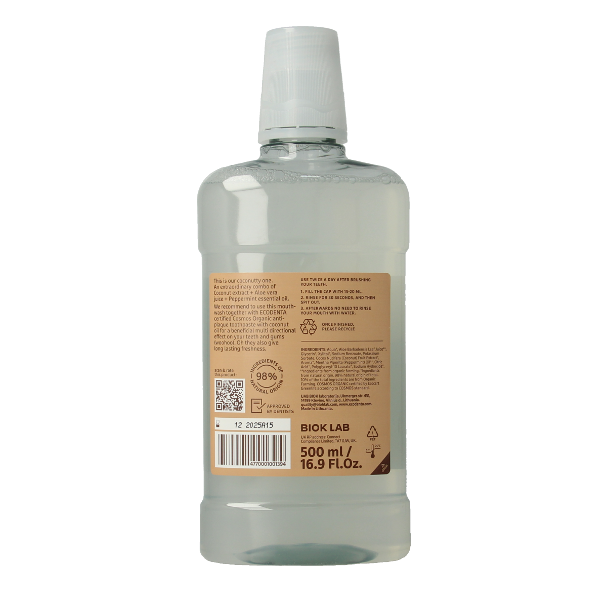 Ecodenta Mondwater coconut-flavored mouthwash bottle, 500ml for oral hygiene and dental care.