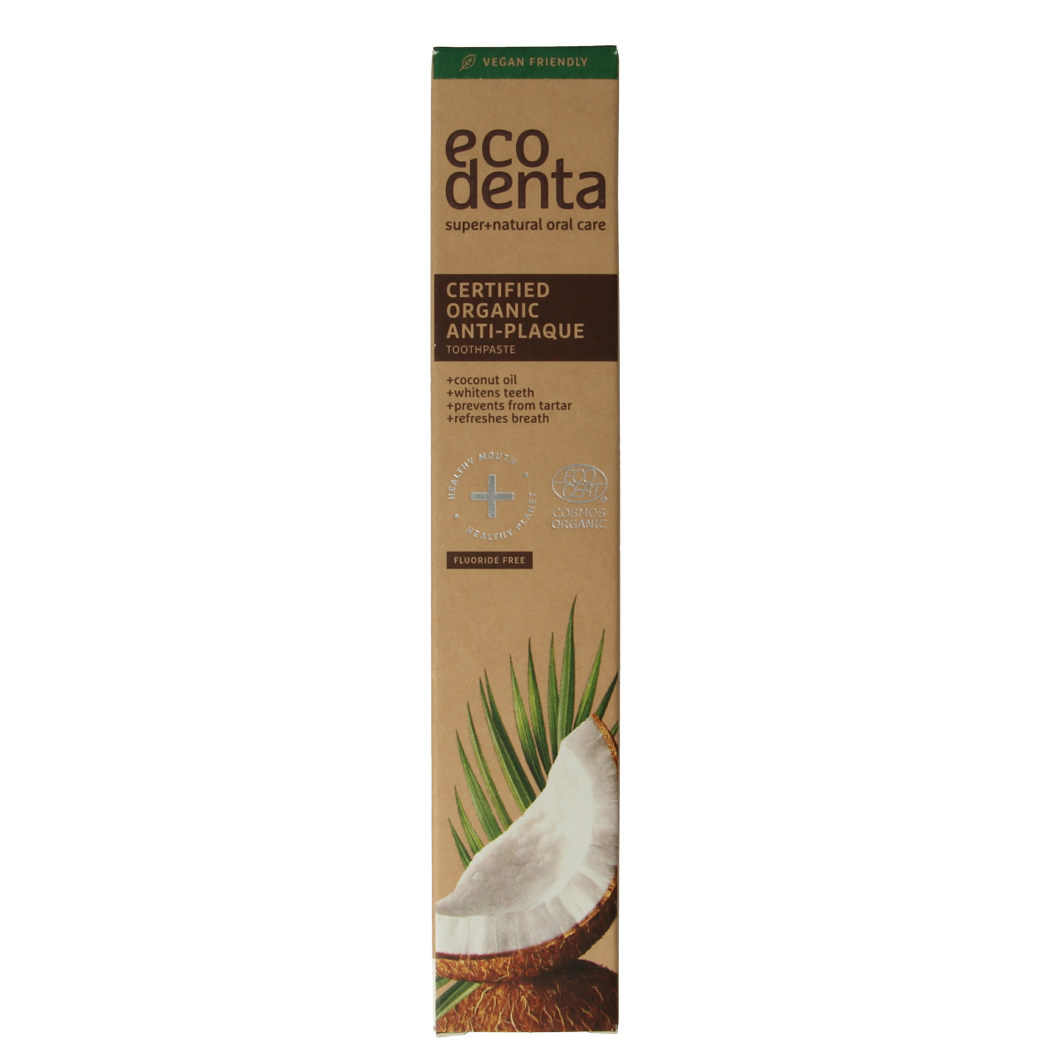 Ecodenta organic anti-tandpasta in 75ml tube showing the toothpaste tube with natural ingredients and eco-friendly packaging.