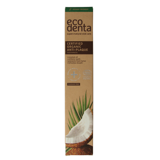 Ecodenta organic anti-tandpasta in 75ml tube showing the toothpaste tube with natural ingredients and eco-friendly packaging.
