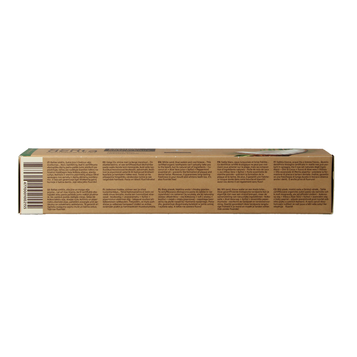 Ecodenta organic anti-tandplak toothpaste in 75ml tube with natural ingredients, designed for dental plaque removal.