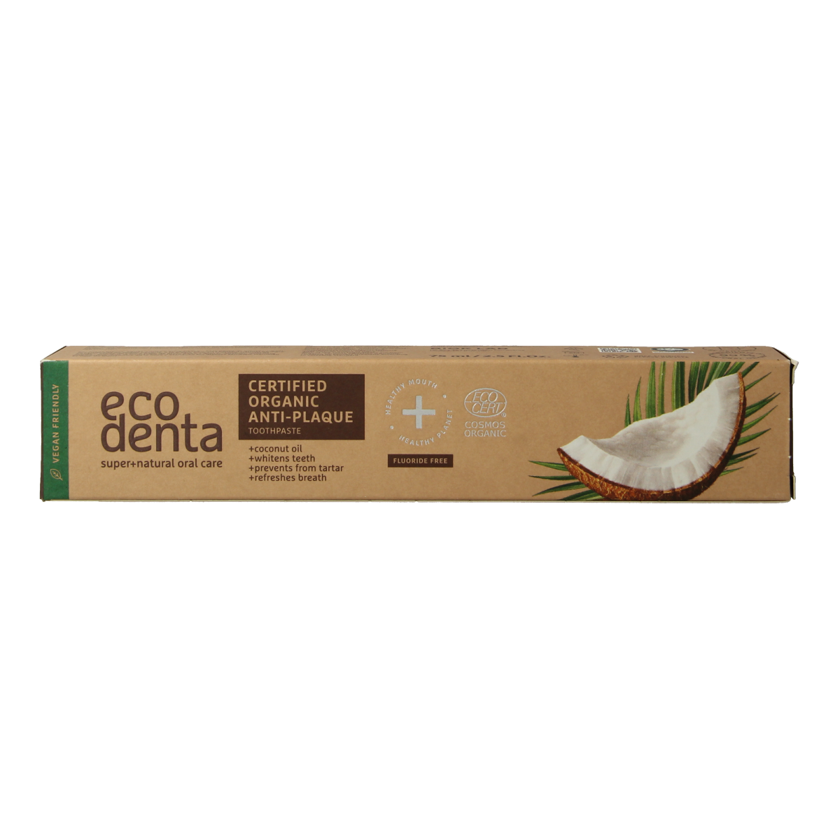 Ecodenta organic anti-tandpasta toothpaste tube with 75ml capacity, featuring natural ingredients for plaque prevention.
