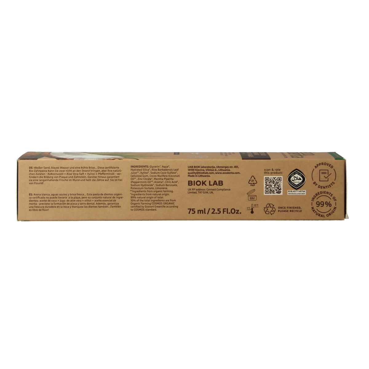 Ecodenta organic anti-tandpasta in 75ml tube, designed to reduce plaque and promote oral health with natural ingredients.