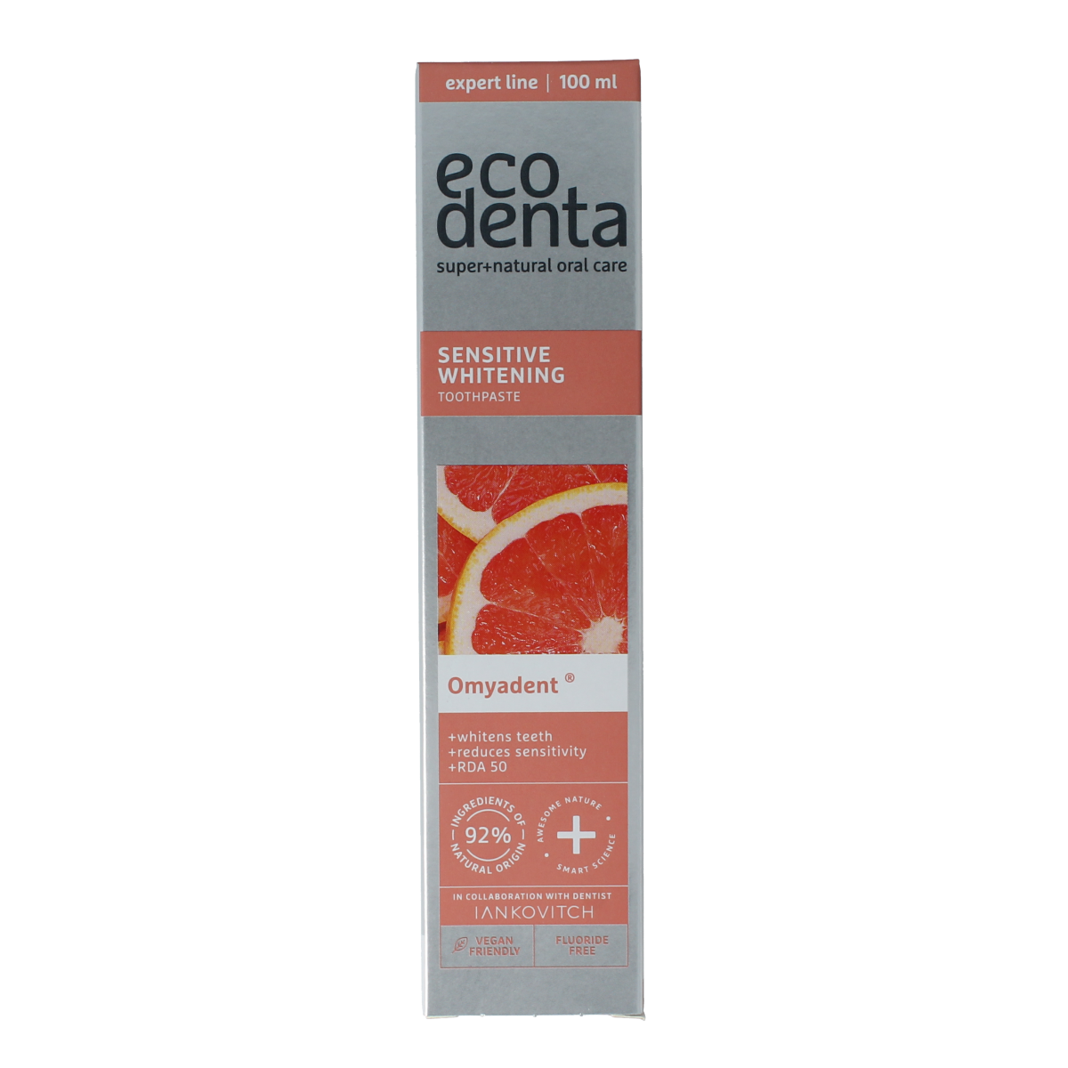 Ecodenta Sensitive Whitening Expert toothpaste tube, 100ml, featuring natural ingredients and gentle whitening formula.