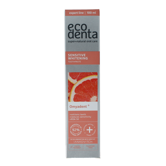 Ecodenta Sensitive Whitening Expert toothpaste tube, 100ml, featuring natural ingredients and gentle whitening formula.