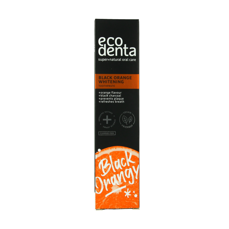 Ecodenta Black Orange whitening toothpaste tube, 100ml, with black and orange packaging and toothpaste visible.