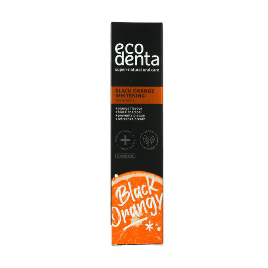 Ecodenta Black Orange whitening toothpaste tube, 100ml, with black and orange packaging and toothpaste visible.