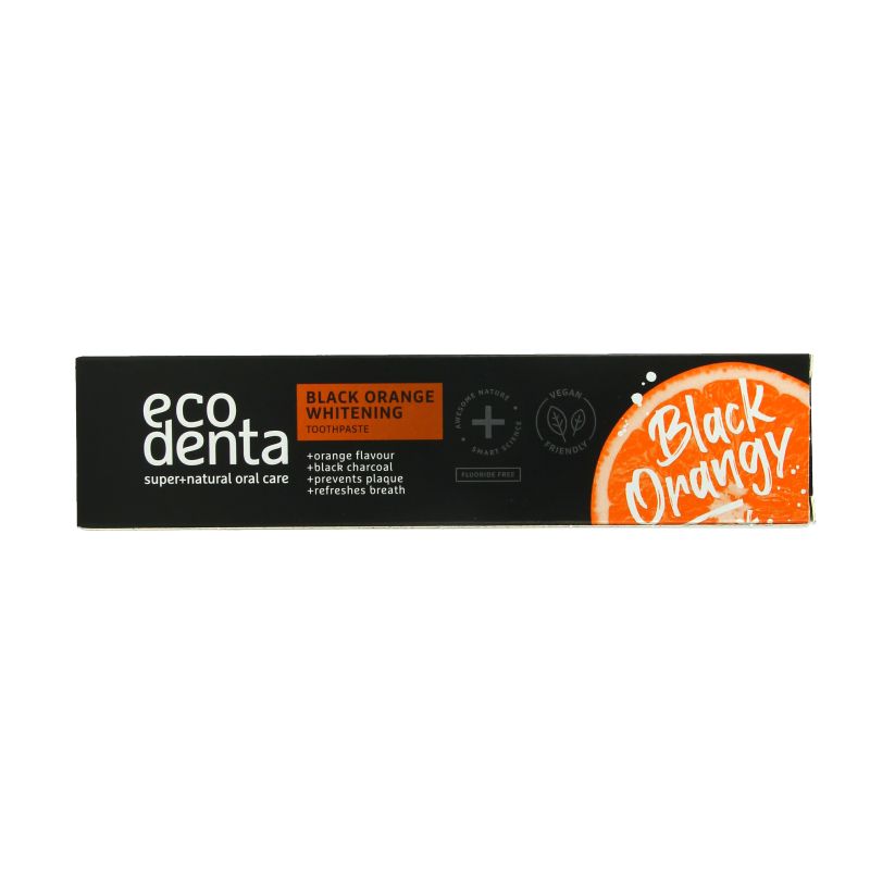 Ecodenta Black Orange Whitening toothpaste in 100ml tube, featuring black and orange packaging with a focus on natural ingredients.