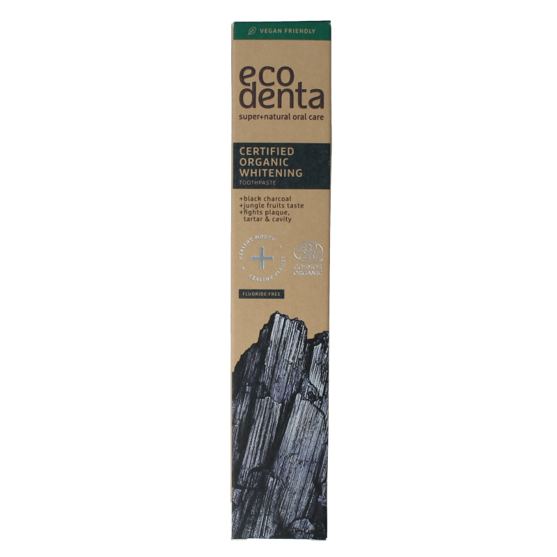 Ecodenta whitening charcoal toothpaste in 75ml tube with natural bio ingredients, shown with black and white packaging.