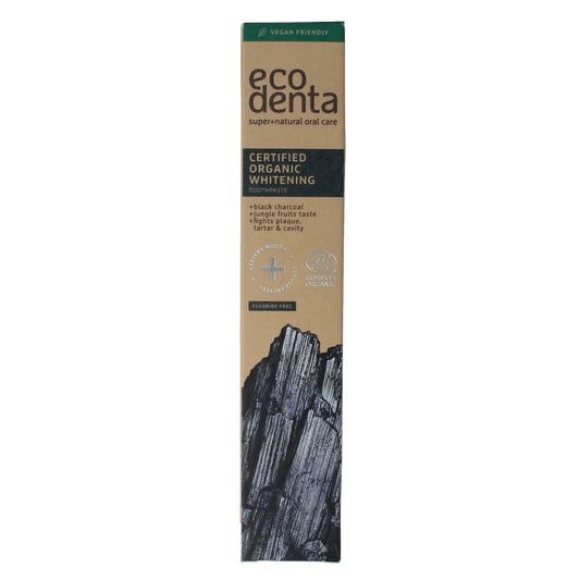 Ecodenta whitening charcoal toothpaste in 75ml tube with natural bio ingredients, shown with black and white packaging.
