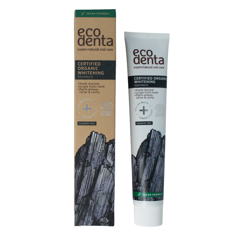 Ecodenta whitening charcoal toothpaste in a 75ml tube, natural bio dental care product for brightening teeth.