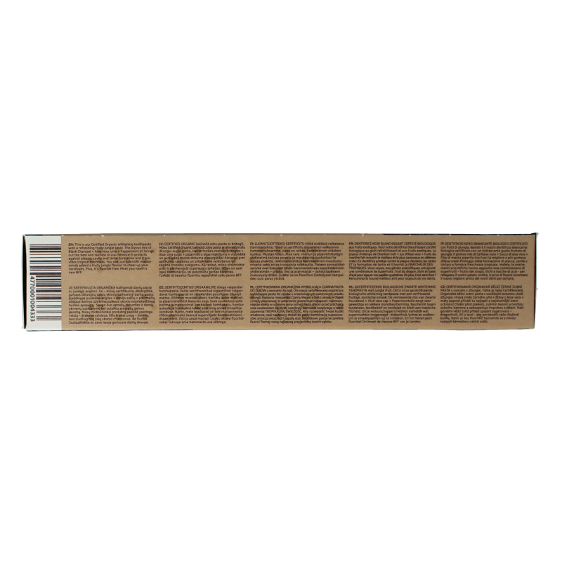 Ecodenta whitening charcoal toothpaste in a 75ml tube, featuring natural bio ingredients with a black and white packaging design.