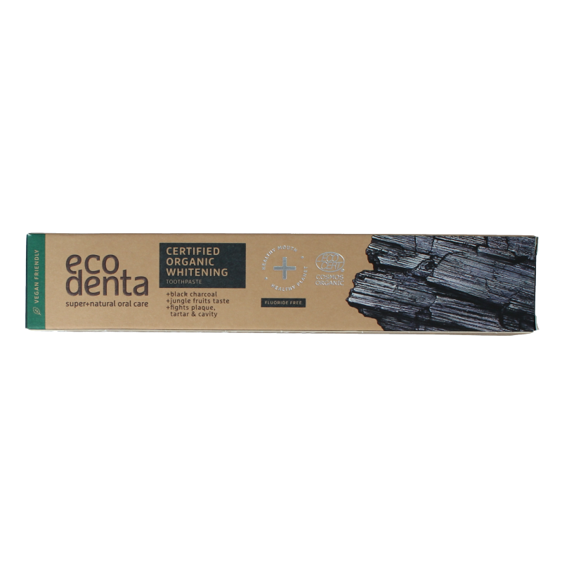 Ecodenta whitening charcoal toothpaste in a 75ml tube, natural bio toothpaste with activated charcoal for brightening teeth.