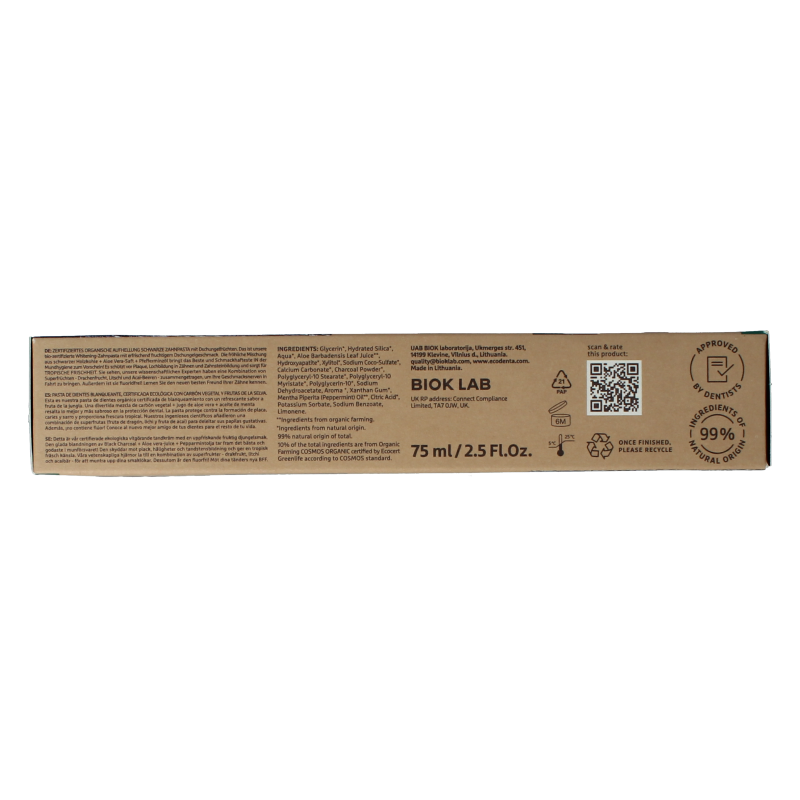 Ecodenta whitening charcoal toothpaste in a 75ml tube, natural bio ingredients for brightening teeth and freshening breath.