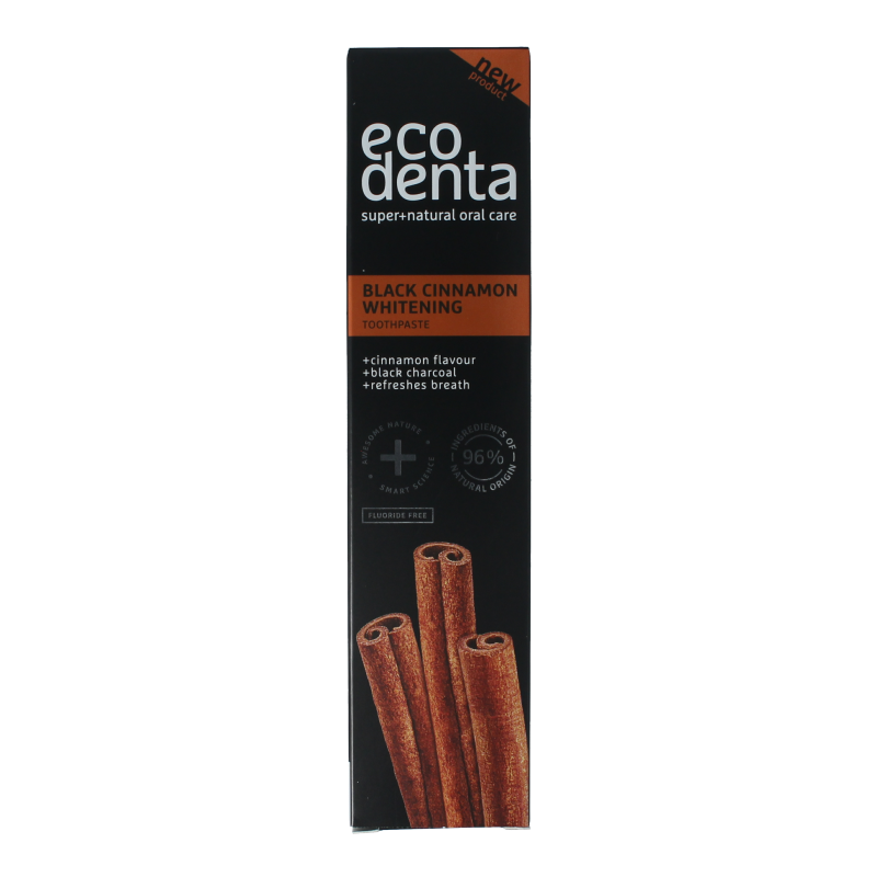 Ecodenta whitening cinnamon black line toothpaste in 100ml tube with black and white packaging.