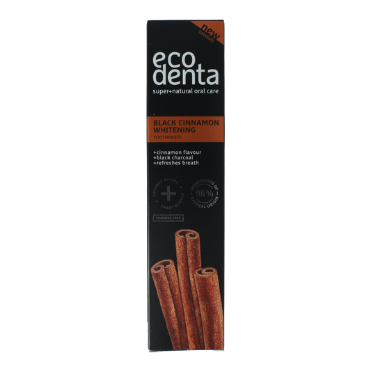 Ecodenta whitening cinnamon black line toothpaste in 100ml tube with black and white packaging.