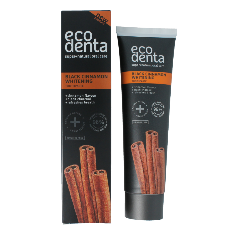 Ecodenta Whitening Cinnamon Black Line toothpaste in 100ml tube, featuring black and cinnamon packaging with fresh mint flavor details.