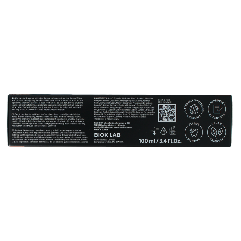 Ecodenta whitening cinnamon black line toothpaste in a 100ml tube, featuring black and white packaging with cinnamon flavor accents.