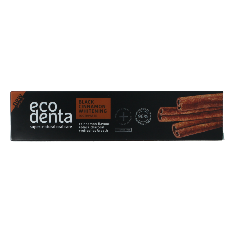 Ecodenta whitening cinnamon black line toothpaste in 100ml tube with black and cinnamon design, featuring natural ingredients.
