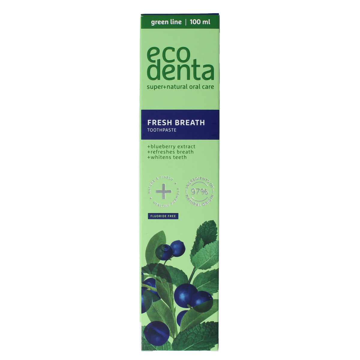Ecodenta Blue Berry green line toothpaste with fresh breath, 100ml tube, natural herbal dental care product.