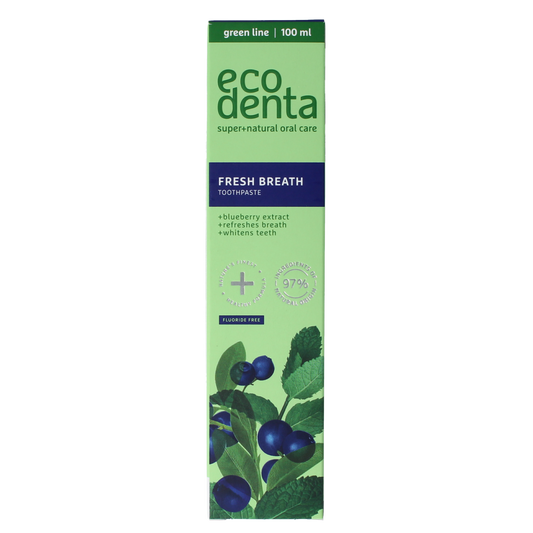 Ecodenta Blue Berry green line toothpaste with fresh breath, 100ml tube, natural herbal dental care product.