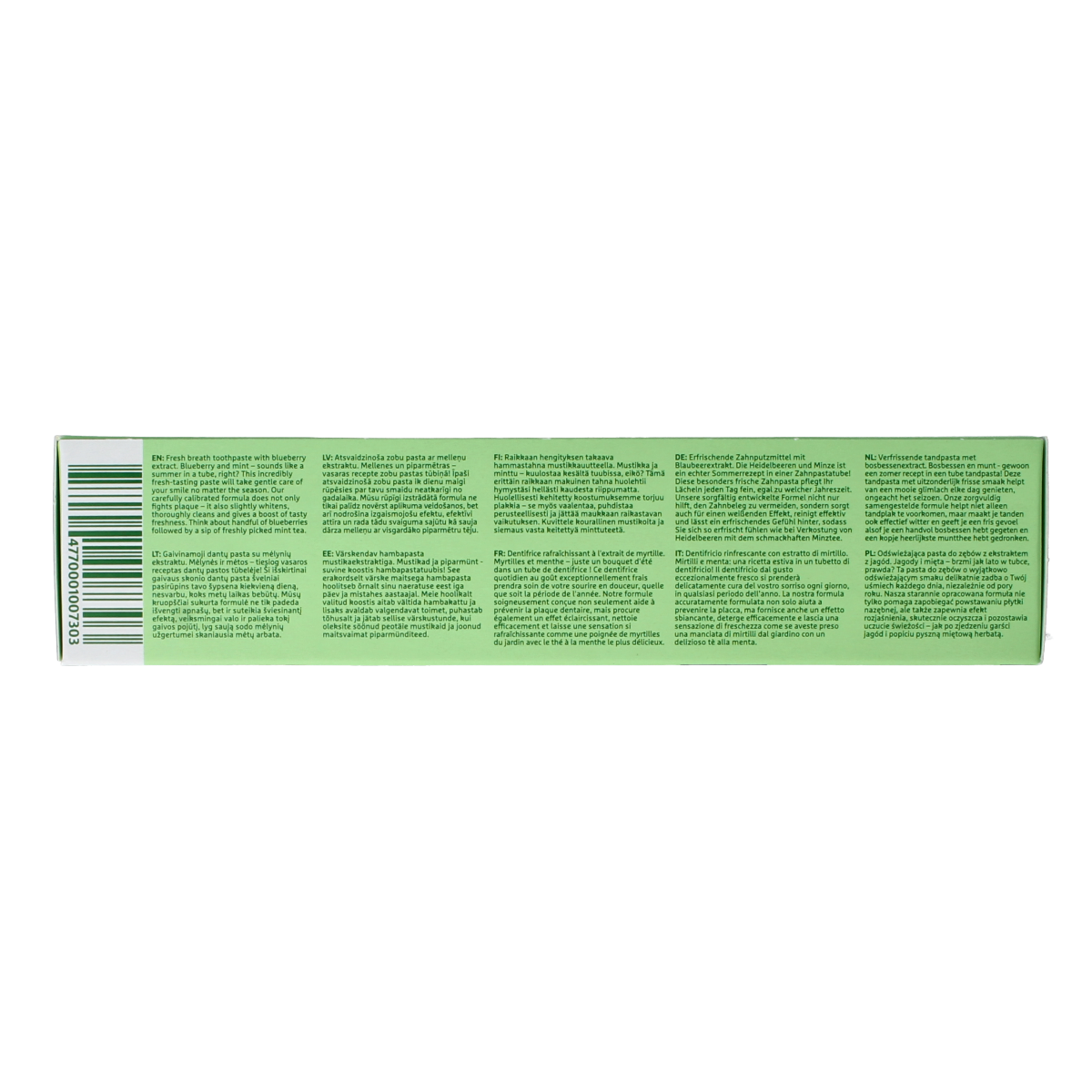 Ecodenta fresh breath blueberry green line toothpaste tube, 100ml, showing the packaging with blue and green branding.