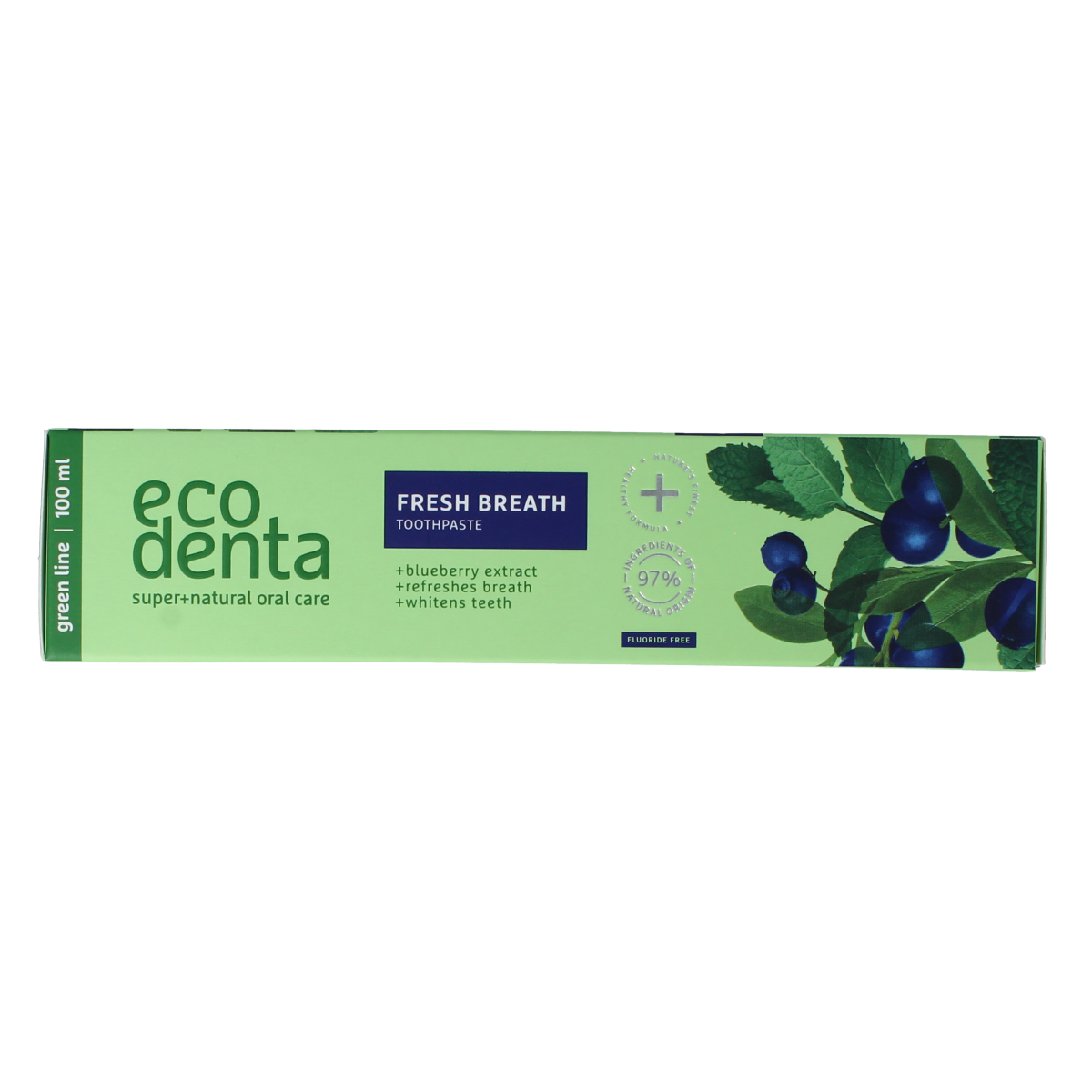Ecodenta Blue Berry green line toothpaste for fresh breath, 100ml tube with blue and green packaging.