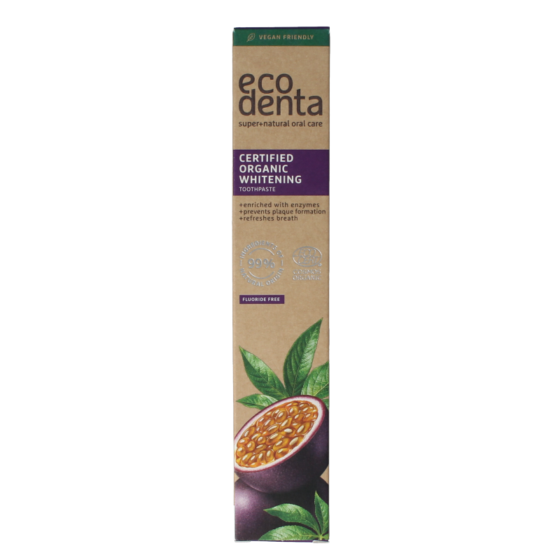 Ecodenta whitening passion fruit bio toothpaste in a 75ml tube, featuring vibrant passion fruit imagery on the packaging.