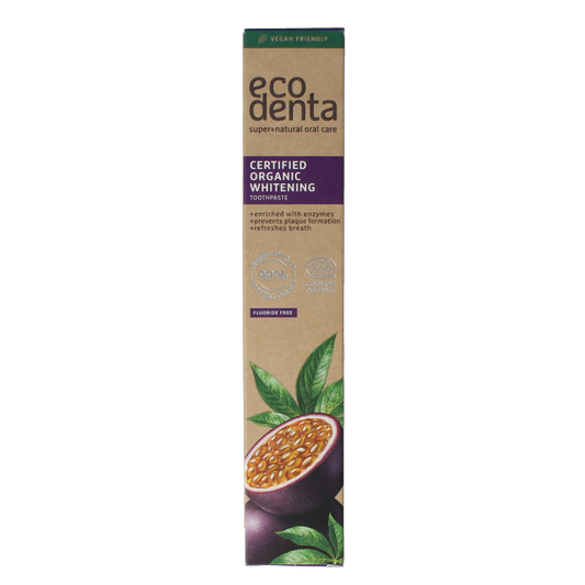 Ecodenta whitening passion fruit bio toothpaste in a 75ml tube, featuring vibrant passion fruit imagery on the packaging.