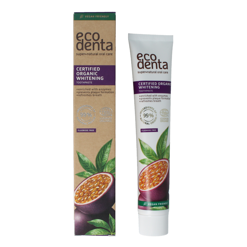 Ecodenta whitening passion fruit bio toothpaste in 75ml tube with vibrant passion fruit flavor and natural ingredients.