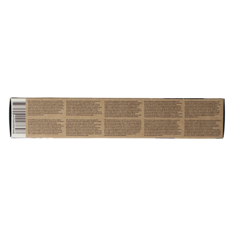 Ecodenta whitening passion fruit bio toothpaste in a 75ml tube, showing the colorful packaging and passion fruit flavor.