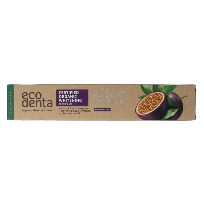Ecodenta whitening passion fruit organic toothpaste tube, 75ml, with vibrant passion fruit imagery.