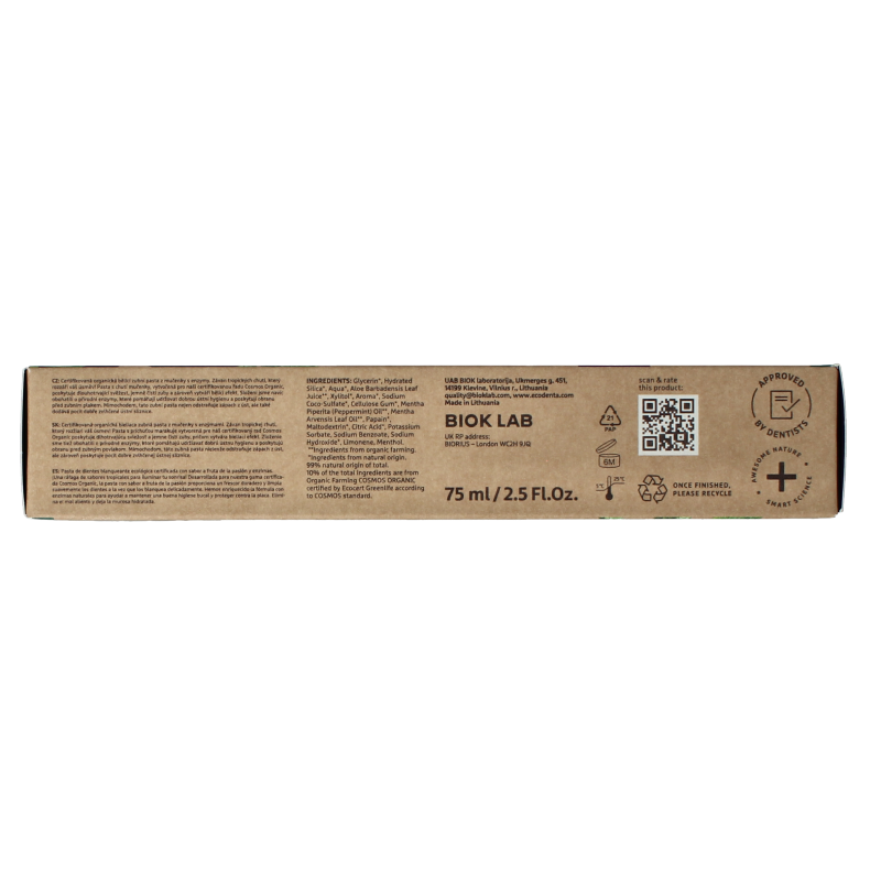 Ecodenta whitening passion fruit organic toothpaste in 75ml tube with passion fruit flavor and natural ingredients.