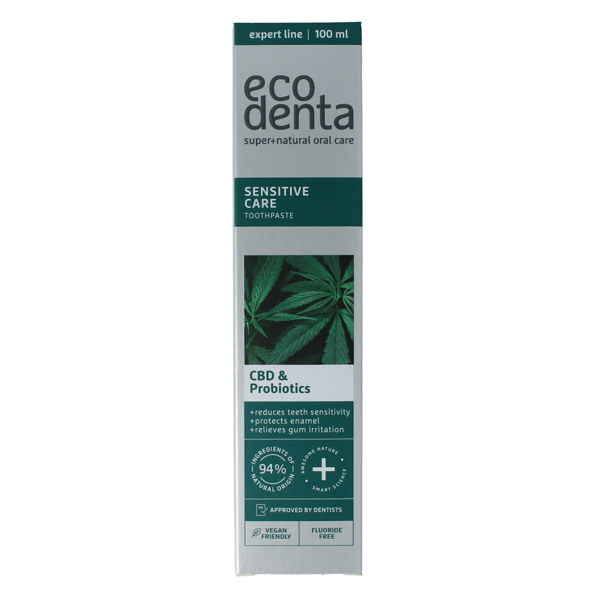 Ecodenta Sensitivity CBD Probiotics toothpaste in 100ml tube, featuring natural ingredients and expert line packaging.
