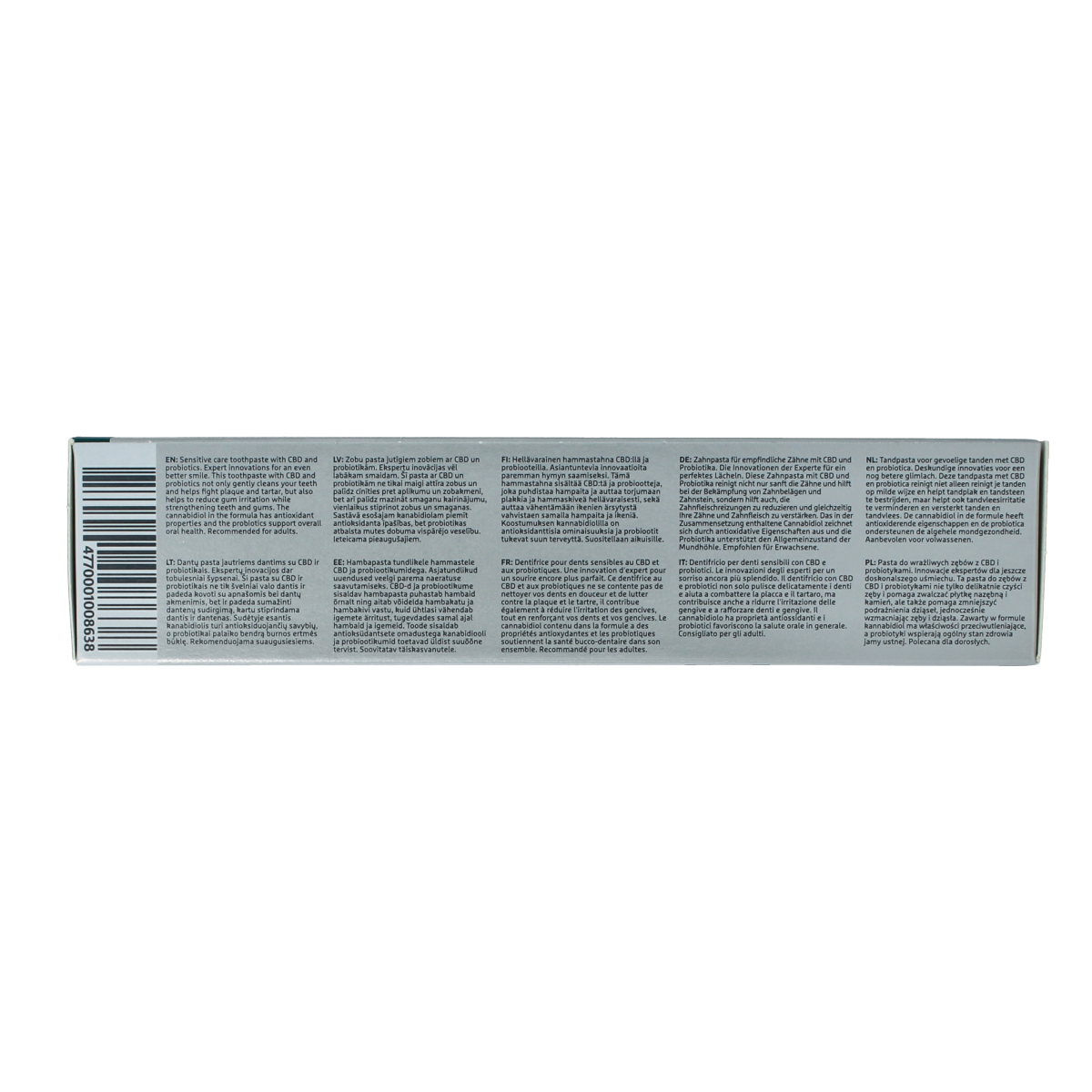 Ecodenta Sensitive CBD Probiotics toothpaste in 100ml tube, featuring natural ingredients for oral health and sensitivity relief.