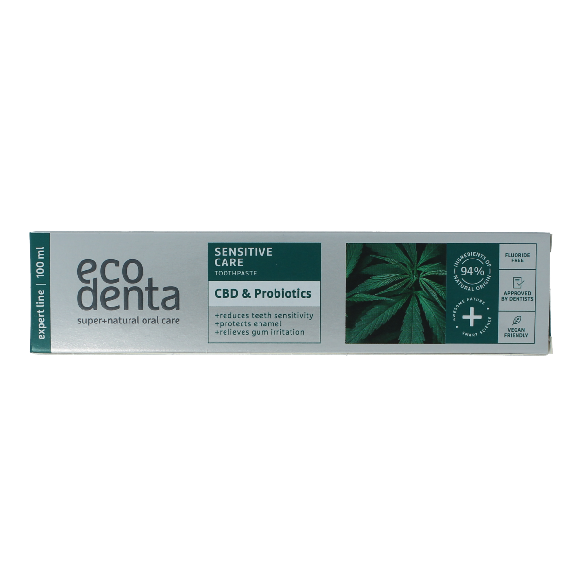 Ecodenta Sensitive CBD Probiotics toothpaste in 100ml tube, designed for sensitive teeth and oral health care.