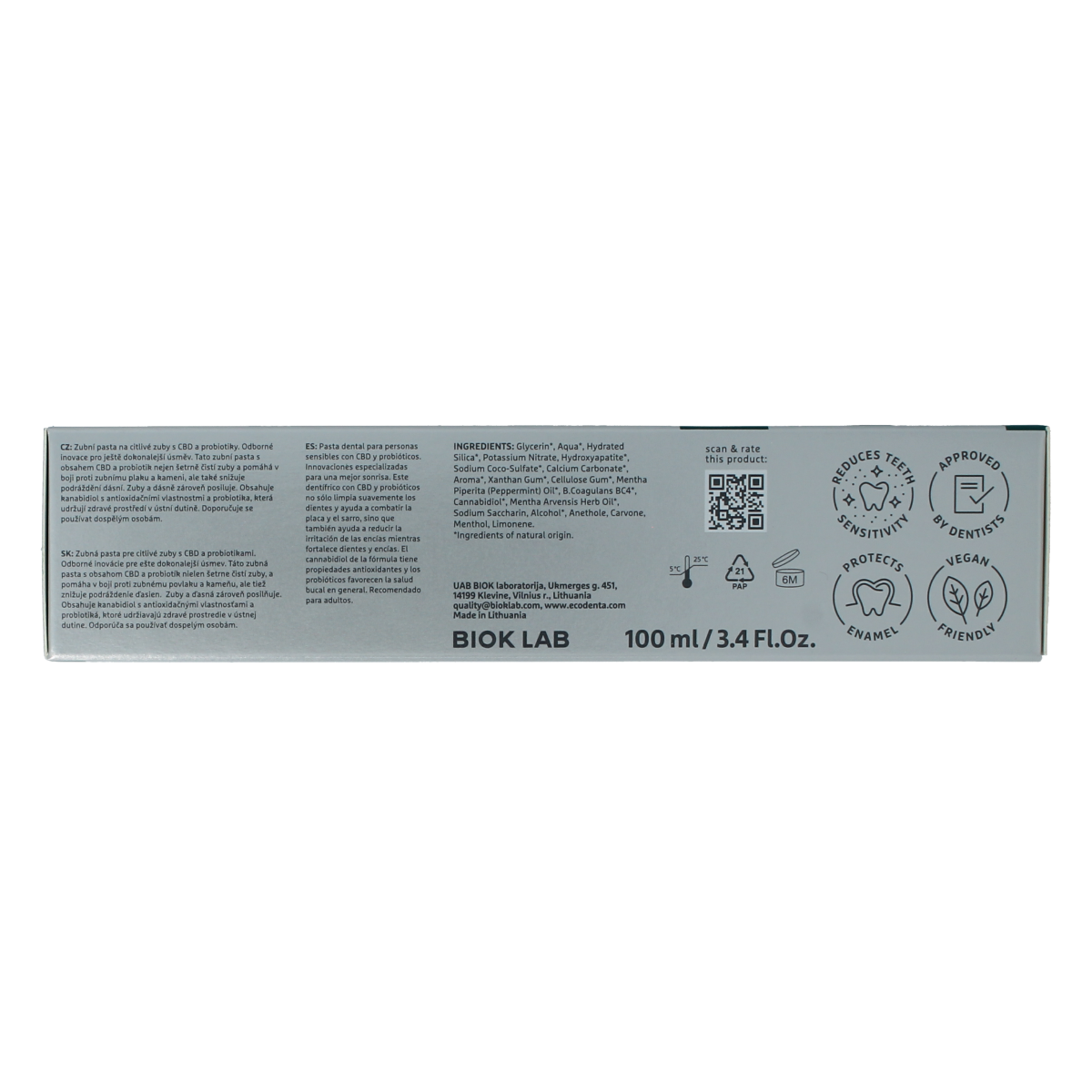 Ecodenta Sensitive CBD Probiotic toothpaste in 100ml tube, designed for gentle oral care and dental health.