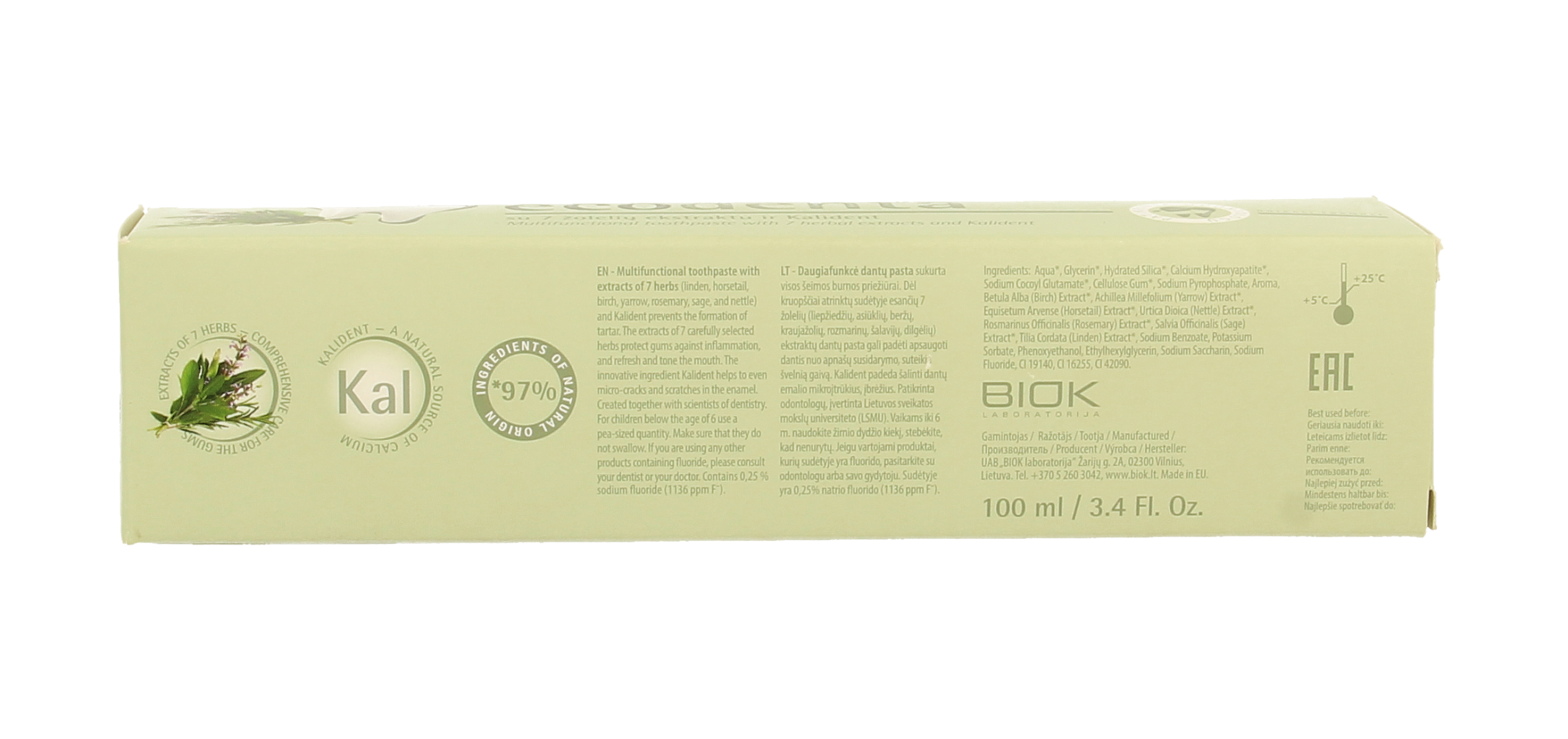 Ecodenta multifunctional toothpaste with 7 herbs, 100ml tube, natural herbal dental care product.