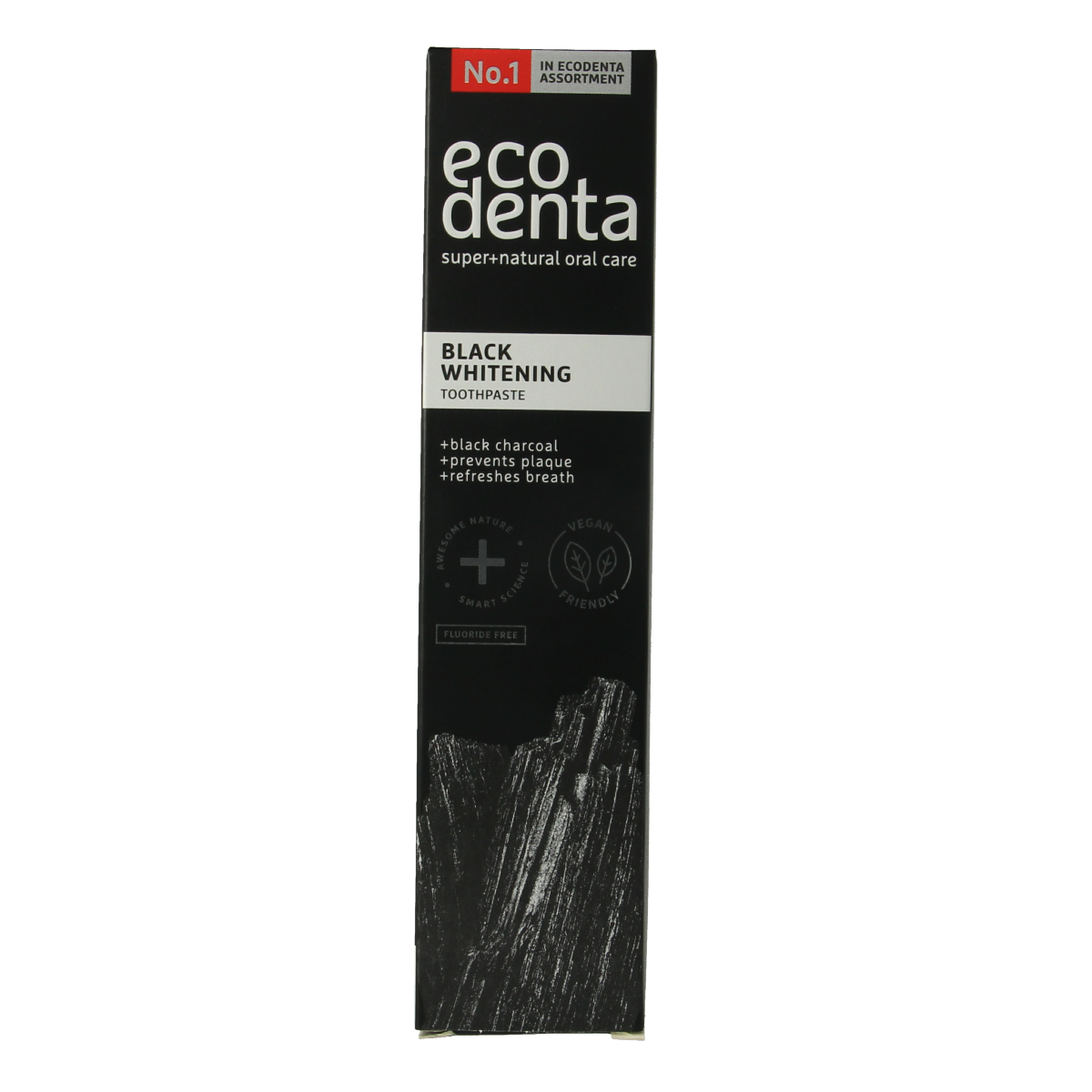 Ecodenta whitening charcoal toothpaste in 100ml tube, black toothpaste with whitening properties and natural ingredients.