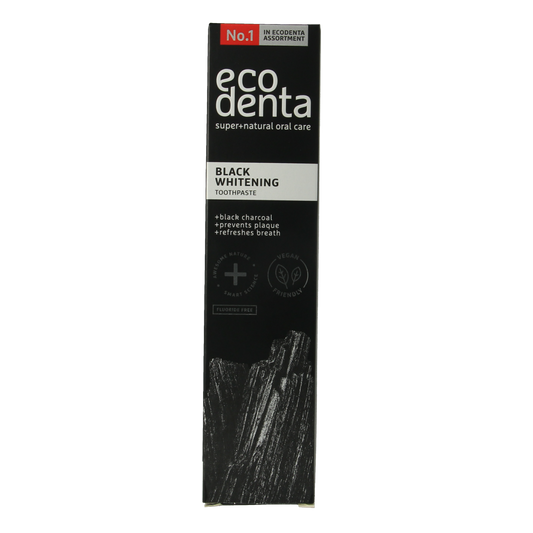 Ecodenta whitening charcoal toothpaste in 100ml tube, black toothpaste with whitening properties and natural ingredients.