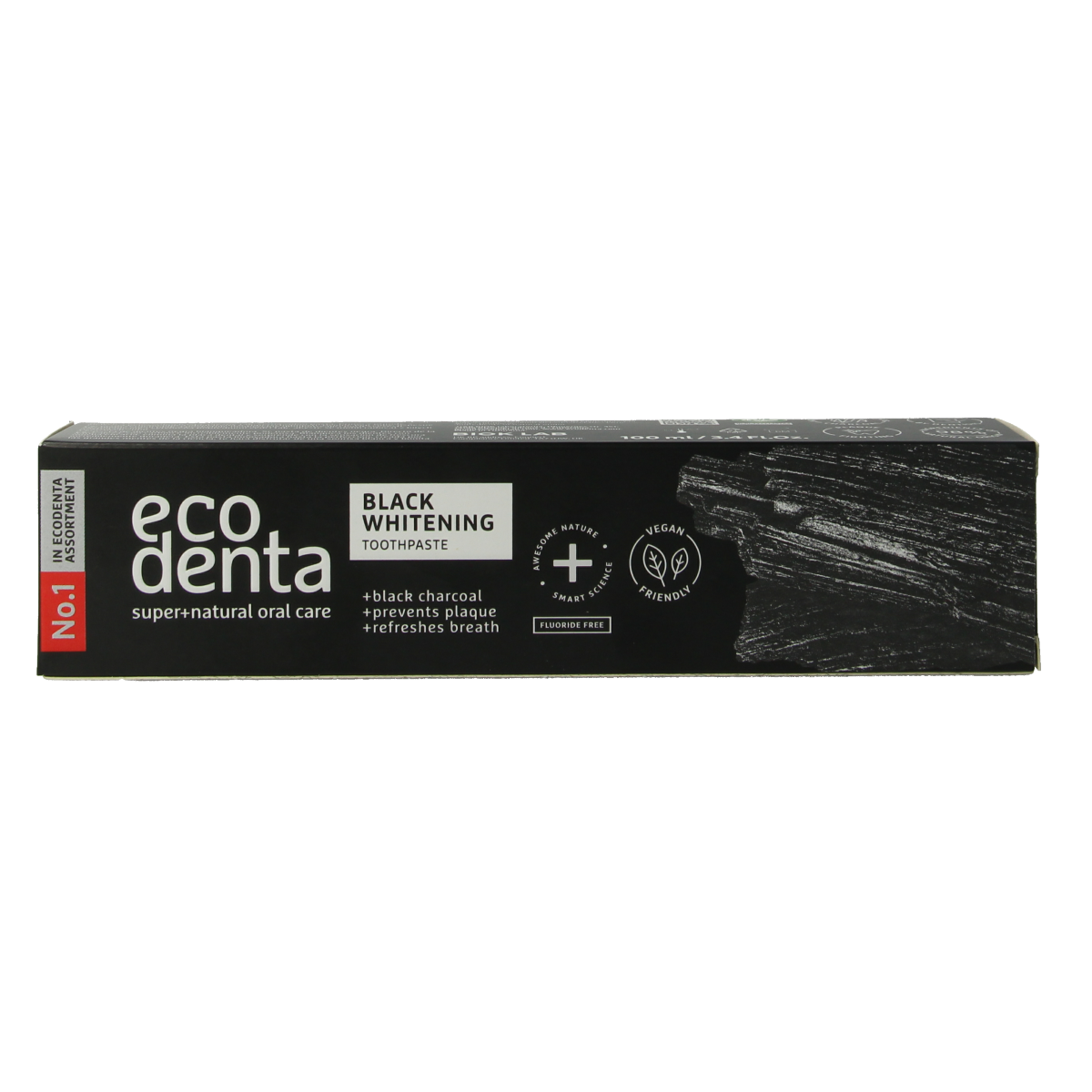 Ecodenta whitening charcoal toothpaste in a 100ml tube, featuring black whitening formula with natural ingredients.