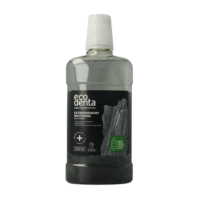 Ecodenta Mondwater whitening mouthwash in a 500ml bottle, alcohol-free mouth rinse for fresh breath and teeth whitening.