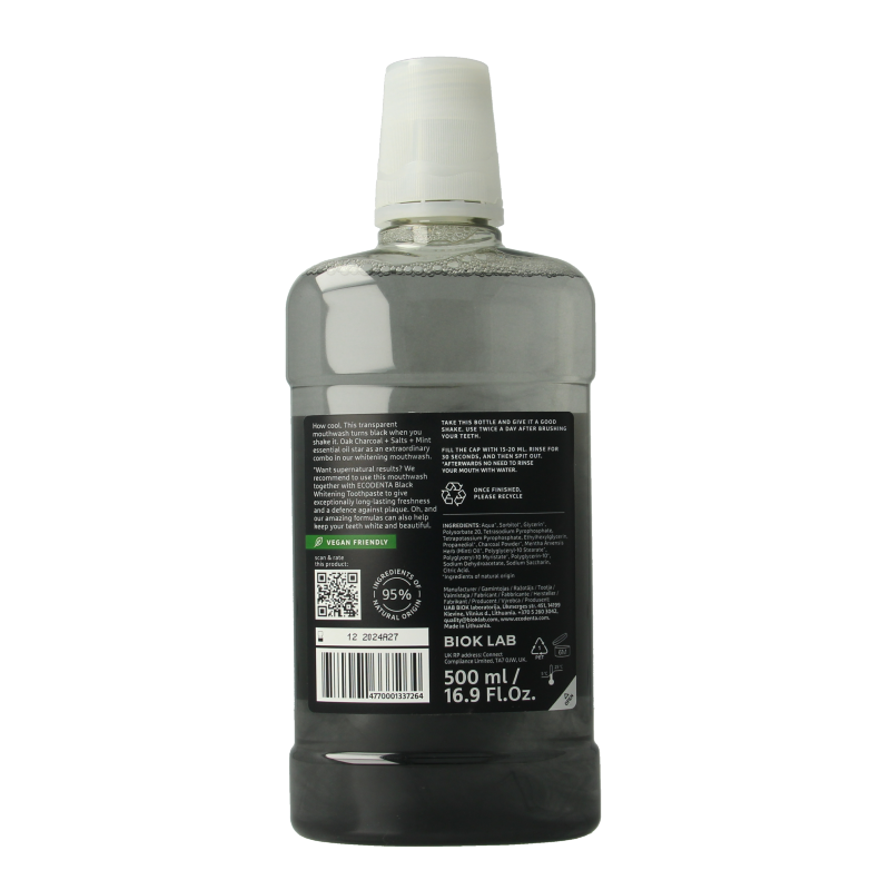 Ecodenta Mondwater whitening mouthwash in a 500ml bottle, mouth rinse for teeth whitening and oral freshness.