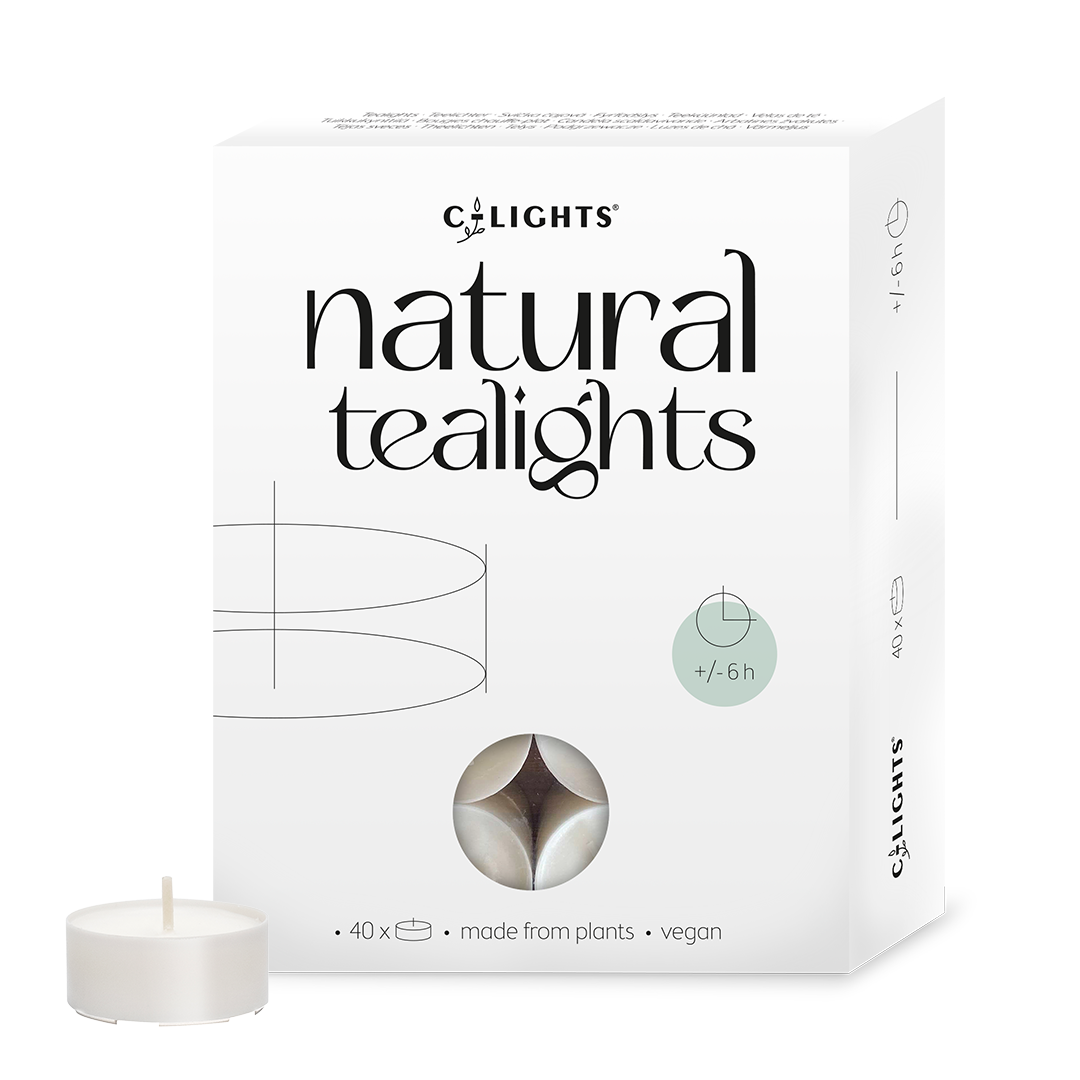 C-lights natural tea light candles, 6-hour burn time, set of 40, small cylindrical candles for ambiance.