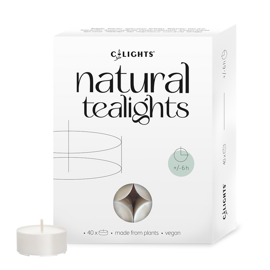 C-lights natural tea light candles, 6-hour burn time, set of 40, small cylindrical candles for ambiance.