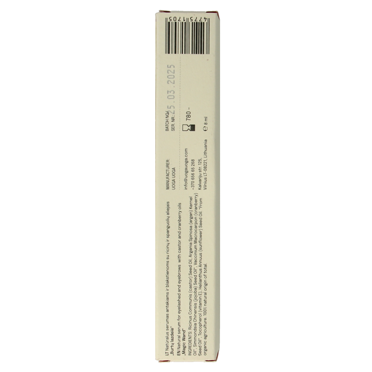 Uoga Uoga natural serum wand for eyebrows and eyelashes in 8ml, nourishing eye care product with a sleek applicator brush.
