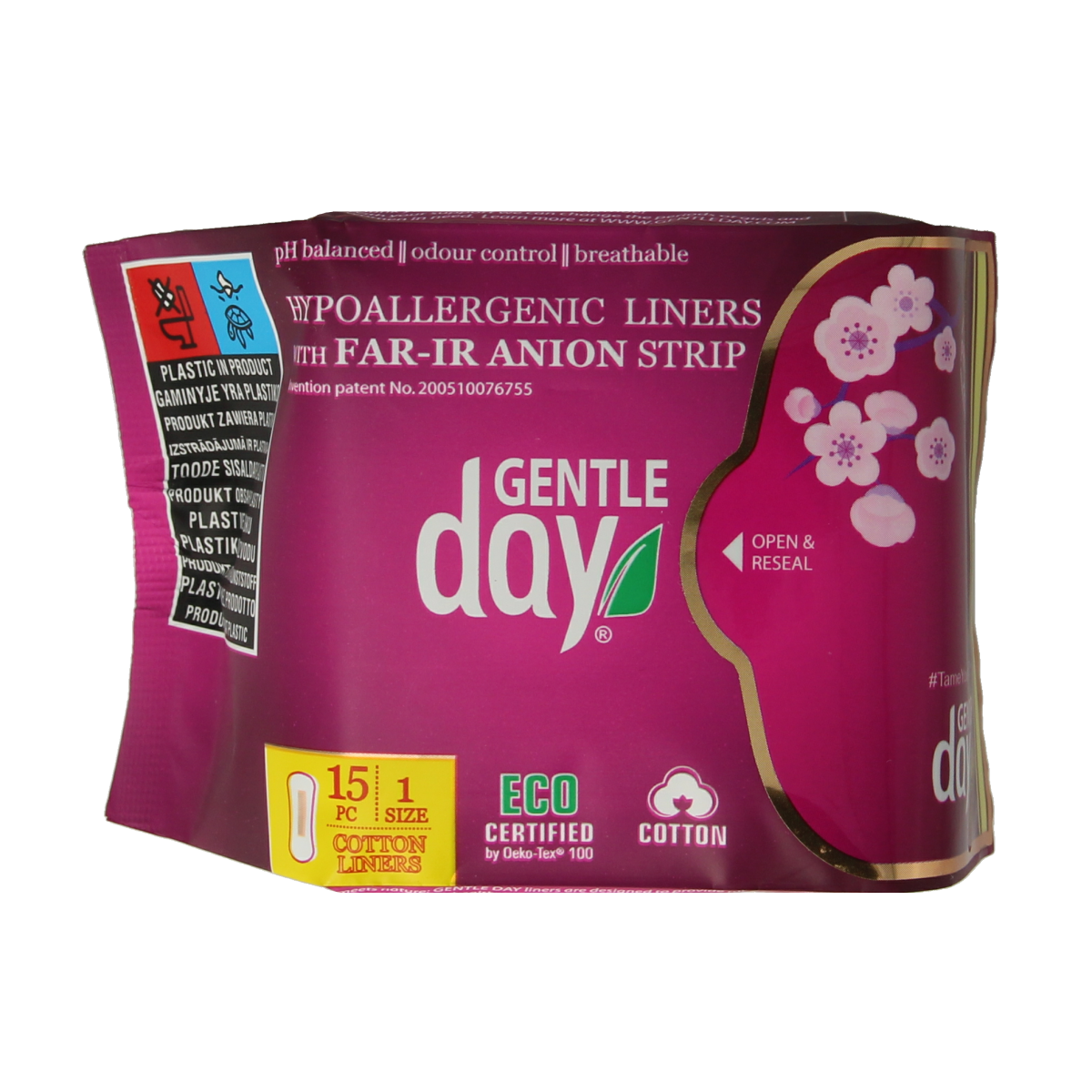 Box of Gentle Day inlegkruisjes, 15 pack, feminine incontinence pads for women, with soft, discreet design and absorbent core.